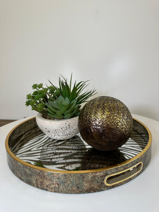 Antique Gold Decorative Tray, Round, Mirrored,  Zebra Print Design
