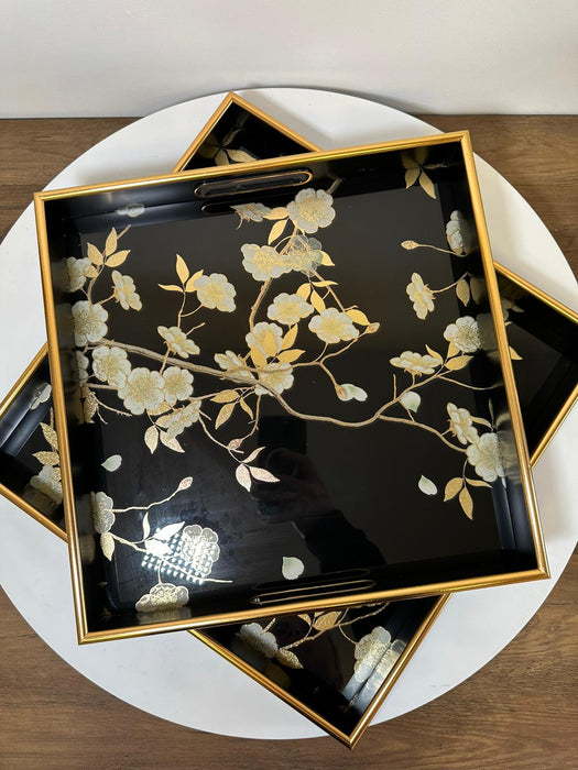 Floral Design Decorative Trays, Black & Gold, Rectangle, S/2