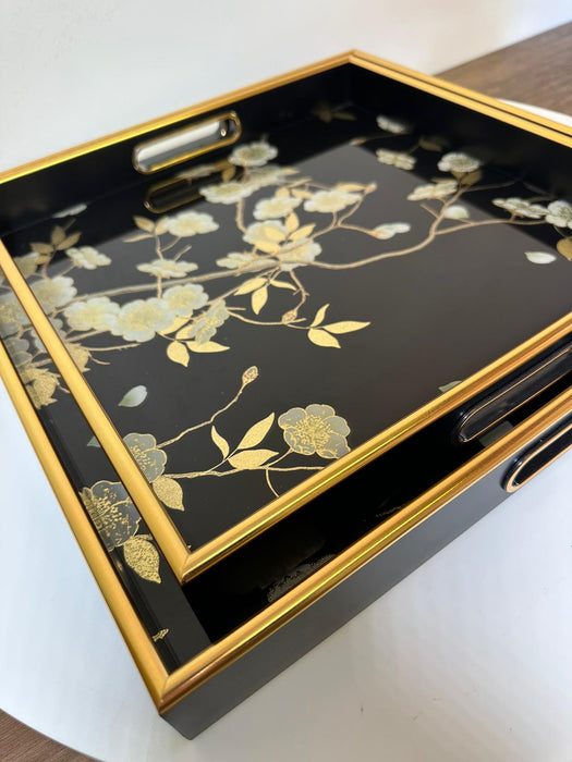 Floral Design Decorative Trays, Black & Gold, Rectangle, S/2