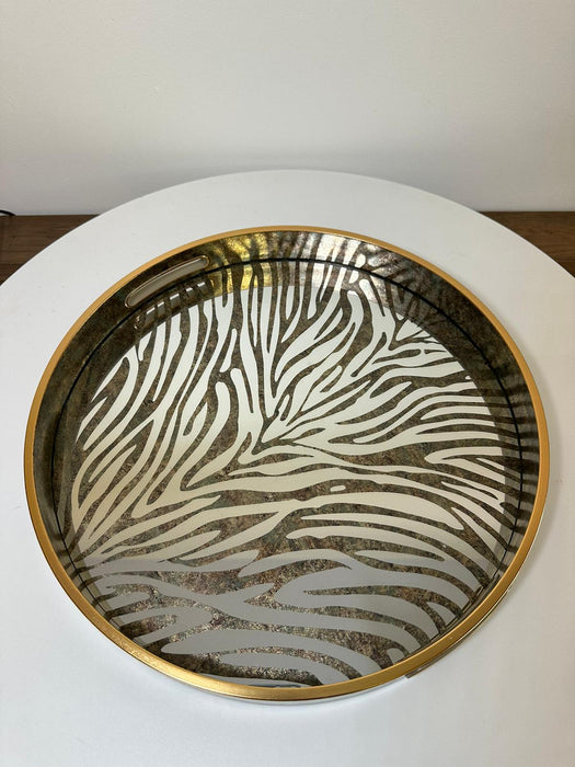 Antique Gold Decorative Tray, Round, Mirrored,  Zebra Print Design