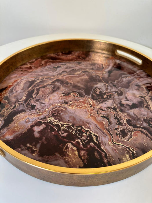 Rust Gold Decoratine Tray, Round, Marble Design