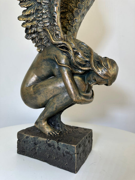 Denton Crouching Angel Sculpture, Aged Bronze