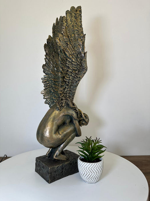 Denton Crouching Angel Sculpture, Aged Bronze