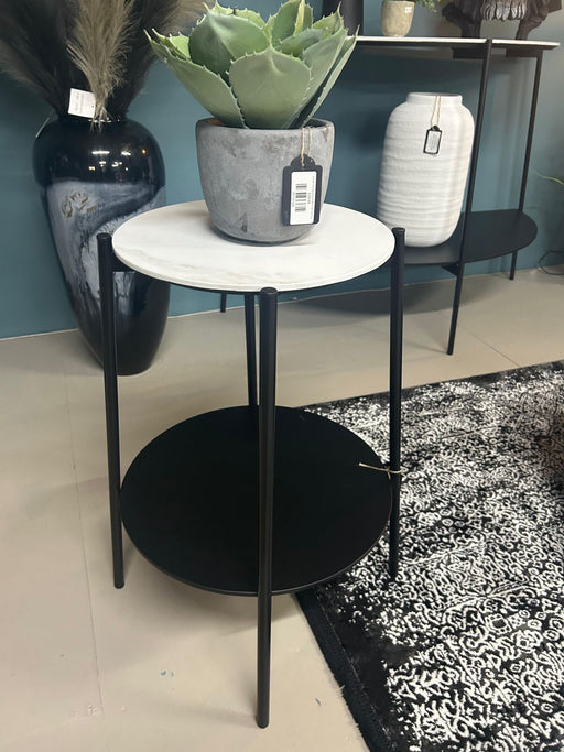 Belgrave Side Table, Black Metal Frame, White Marble, Round Top