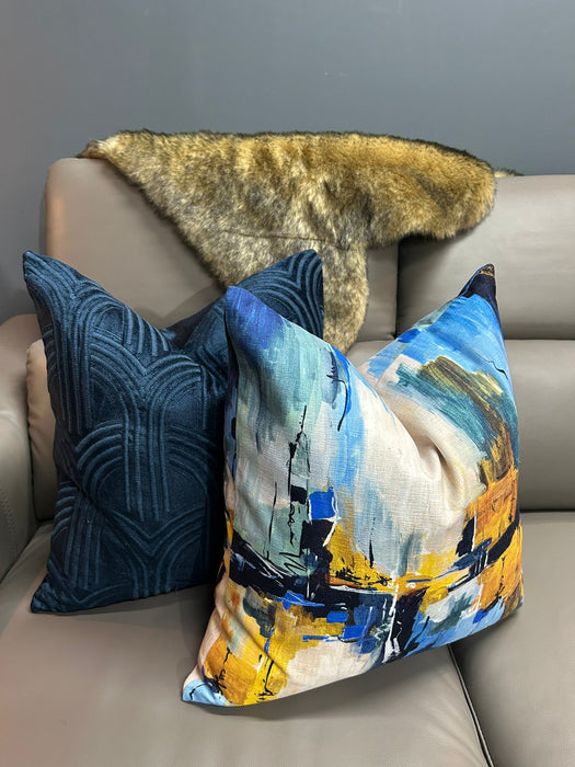 Abstract Print Solas 45x45cm Cushion in Blue and Ochre - Linen Look Fabric Feather Filled