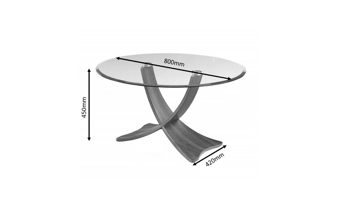 Brooklyn Coffee Table, Grey Veneered Legs, Curved, Round Clear Glass