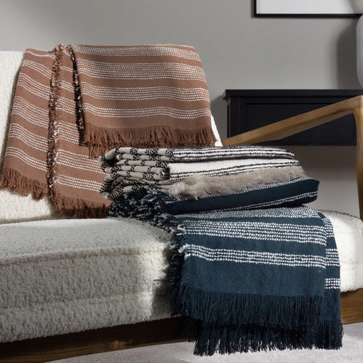 Jour Woven Fringed Throw, Stripe, White, Baked Clay