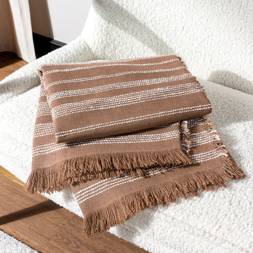 Jour Woven Fringed Throw, Stripe, White, Baked Clay