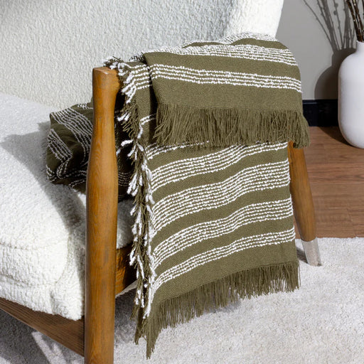 Jour Woven Fringed Throw, Stripe, Green, Olive