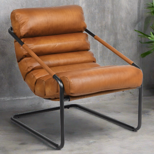Claymore Accent Chair, Vintage Tan Leather, Black Metal 