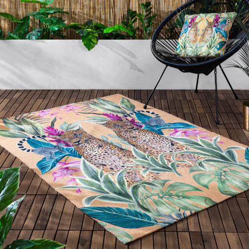 Kali Leopards Indoor/Outdoor Rug, Floral Design, Gold, Washable 