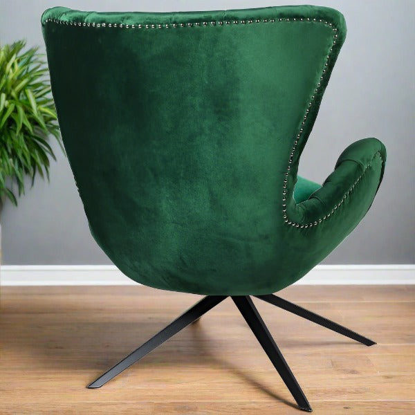 Claymore Wingback Accent Chair, Emerald Green Velvet, Button Tufted, Black Metal Base