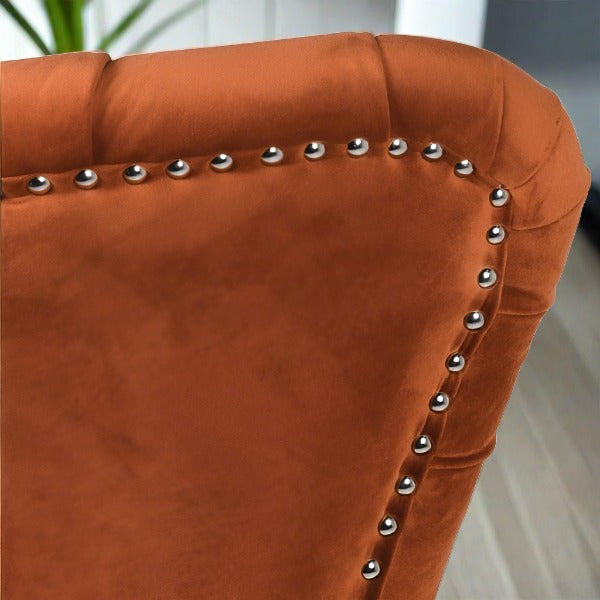 Claymore Wingback Accent Chair, Burnt Orange, Button Tufted, Black Metal Stand