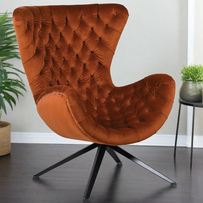 Claymore Wingback Accent Chair, Burnt Orange, Button Tufted, Black Metal Stand