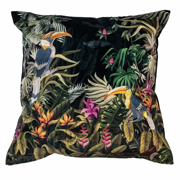 Toucan Embossed Velvet Cushion - Luxurious Green 45x45 cm