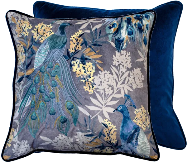 Pippa Cushion - Velvet Upholstery with Embroidered Blue Peacocks - 45 x 45 Blue