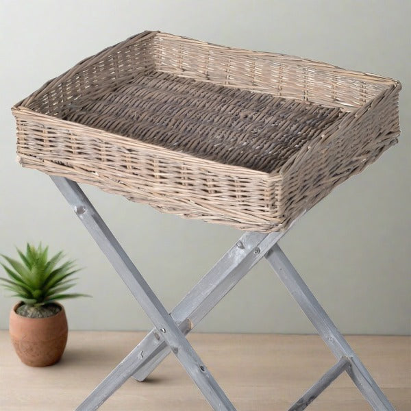 Wicker Side Tray Table, Fold Up Frame, Wood Frame