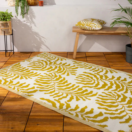 Tocorico Outdoor Recycled Rug, Botanical Design, Mustard