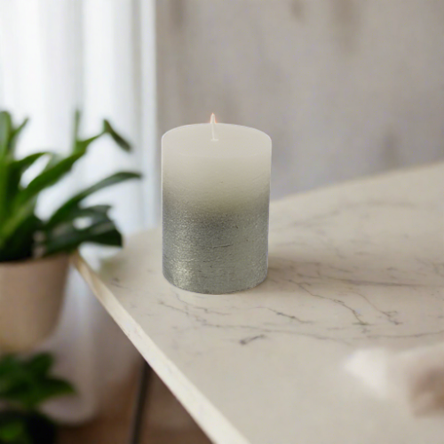 White Pillar Candle With Metallic Green Ombre 19 X 7 cms
