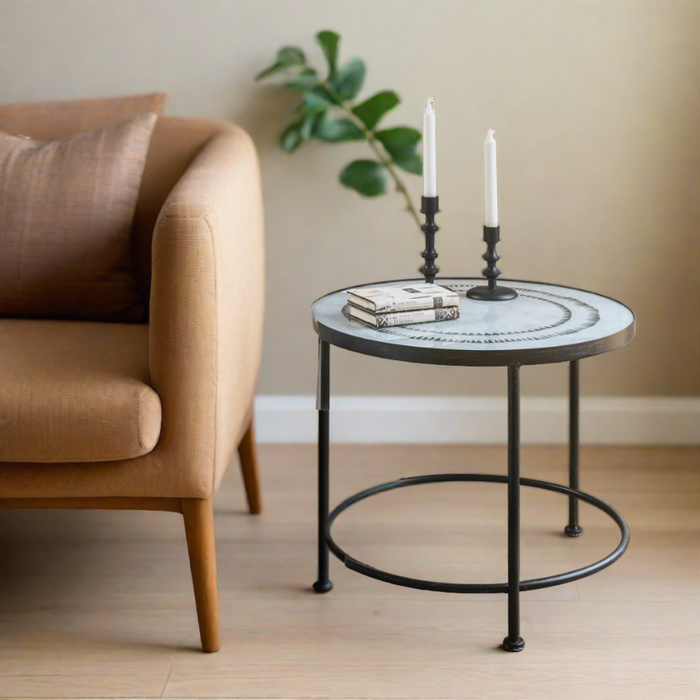 Albion Side Table, Round, Black Iron, Glass Top