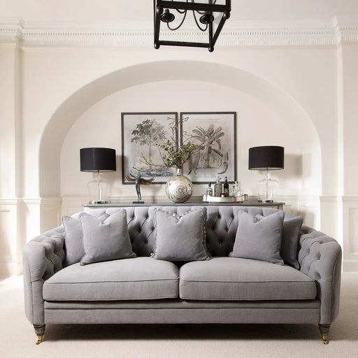 Meridan Button Sofa, Rounded Grey Cotton, Wood Legs, Three Seater