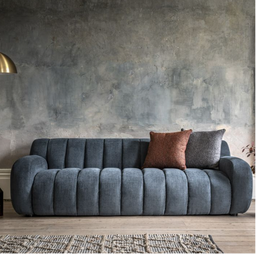 Milan 3 Seater Sofa, Dusty Blue Fabric, Retro Designs, Cushions