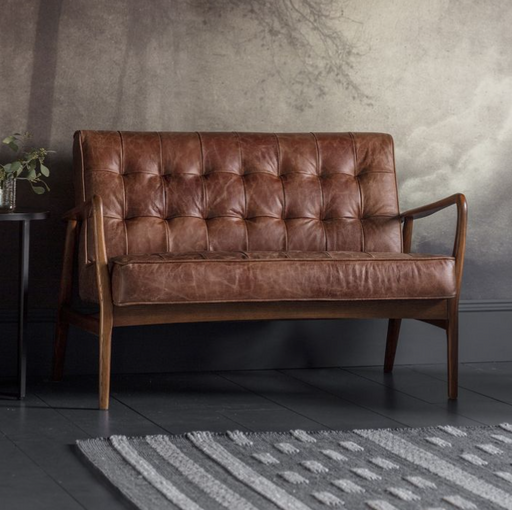 Humber 2 Seater Sofa, Vintage Brown Leather, Solid Oak Angled Frame, Foam-Padded
