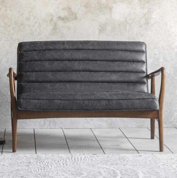 Caserta 2 Seater Sofa, Antique Ebony, Solid Oak Angled Frame, Leather