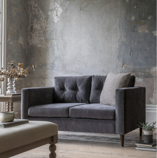 Devon 2 Seater Sofa, Charcoal Grey Fabric, Tapered Wooden Feet, Silhouette