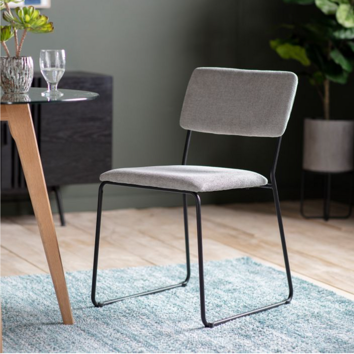 Lyon Dining Chair, Grey Fabric, Black Iron Frame - Set Of 2