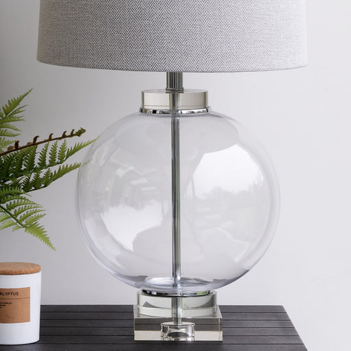 Derby Table Lamps, White Linen, Round Glass, Square Base 