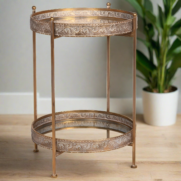 2 Tier Side Table, Gold Metal Frame, Round Mirror Top, 63 x 48 cm