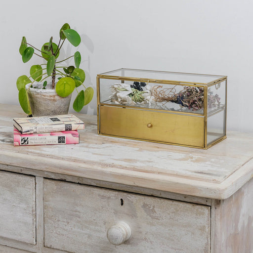 Amari Vanity Box, Clear Glass, Gold Metal, Drawer