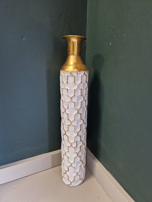 Sienna Metal Vase, Tall, Textured, Gold, Aged White