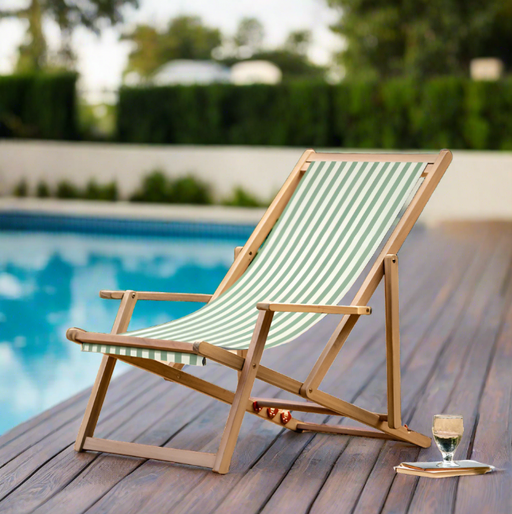 Renzo Outdoor Deck Chair, Verde Stripe, Natural Wood Frame 