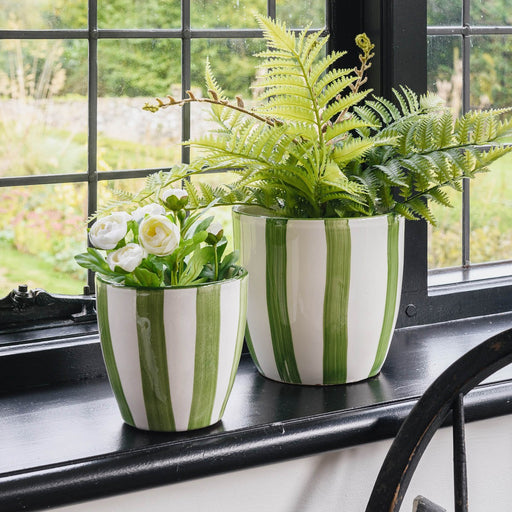Bari Stripe Ceramic Pot, White, Tapered Green 