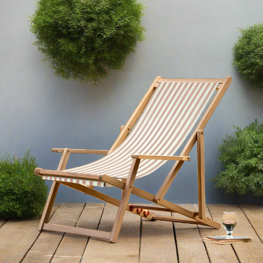 Renzo Outdoor Deck Chair, Clay Stripe, Natural Wood Frame