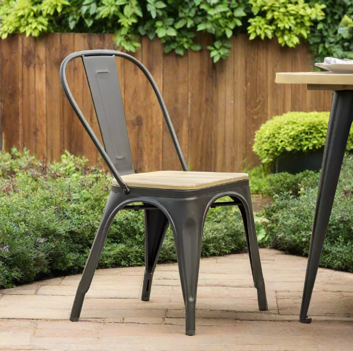 Barton Outdoor Dining Chair, Black Metal, Natural Acadia Wood - Set of 2