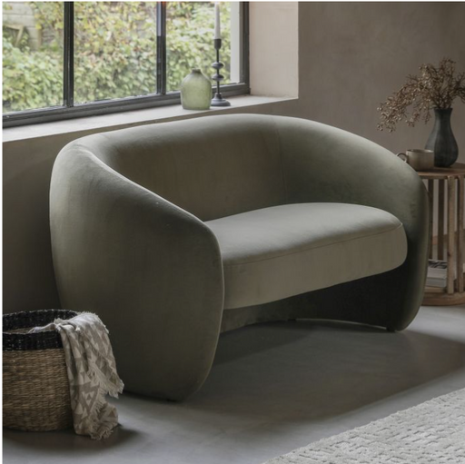Florence 2 Seater Sofa, Moss Green Fabric Curved, Smooth Rounded Back