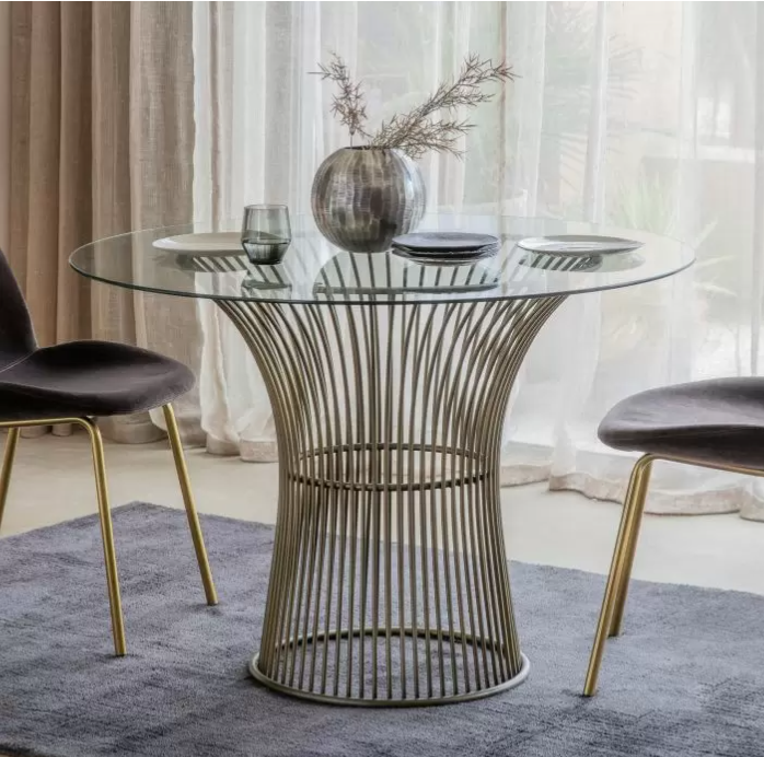 Douai Round Dining Table, Clear Glass, Bronze Metal