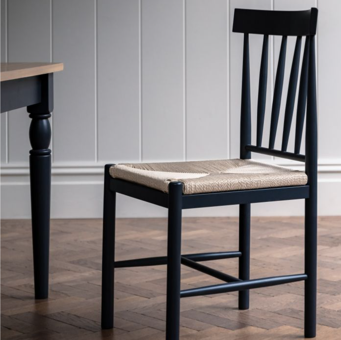 Stockton Farmhouse Dining Chair In Black Wood & Natural Woven Rope - Set Of 2