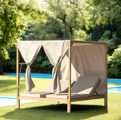 Aramis Outdoor Double Daybed, Natural Acadia Wood, Cream Cushions & Curtains