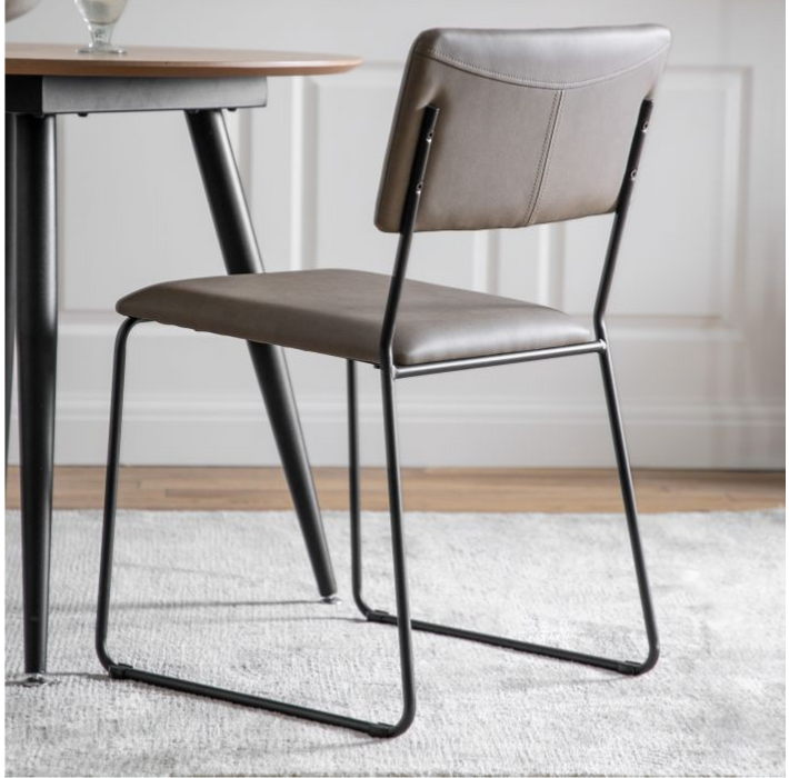 Lyon Dining Chair, Light Grey Leather, Black Iron Frame - Set of 2
