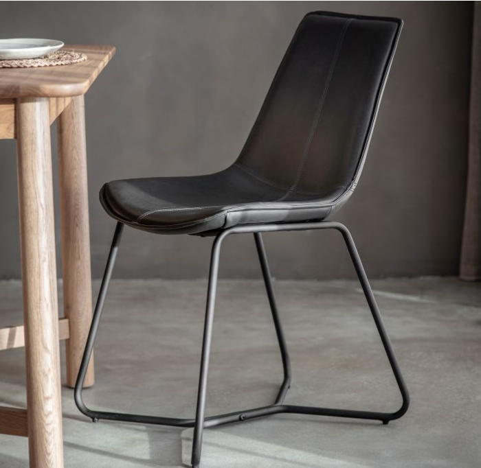 Conrad Dining Chair In Black Leather & Metal Legs