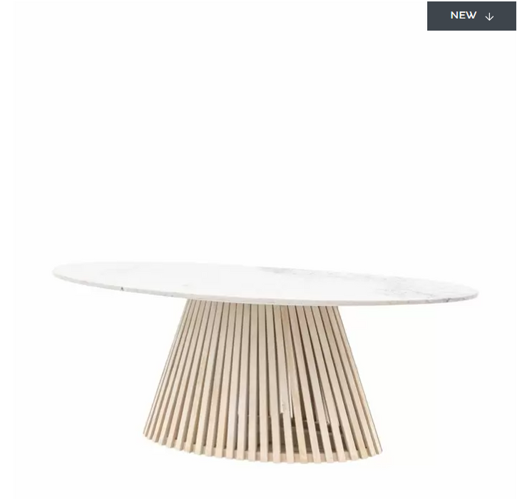 Cesena Oval Dining Table, White Marble, Natural Slatted Mango Wood