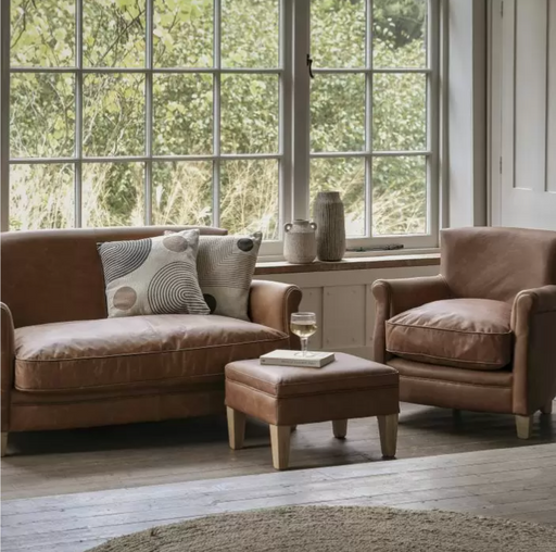 Mr. Paddington 2 Seater Sofa, Vintage Brown Leather, Ash Legs, Matching Armchair