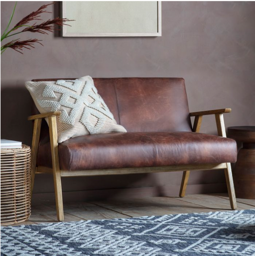 Missano 2 Seater Sofa, Brown Leather, Natural Wooden frame
