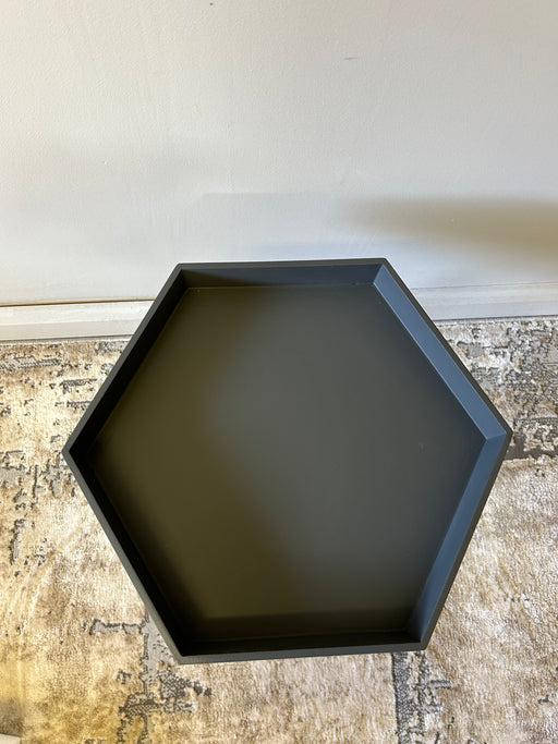 Hexagon Side Table, Natural Tripod Legs, Pine Wood Grey Top, 38 x 36 cm