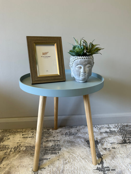 Aqua Side Table, Natural Pine Wooden Legs, Blue Round Top