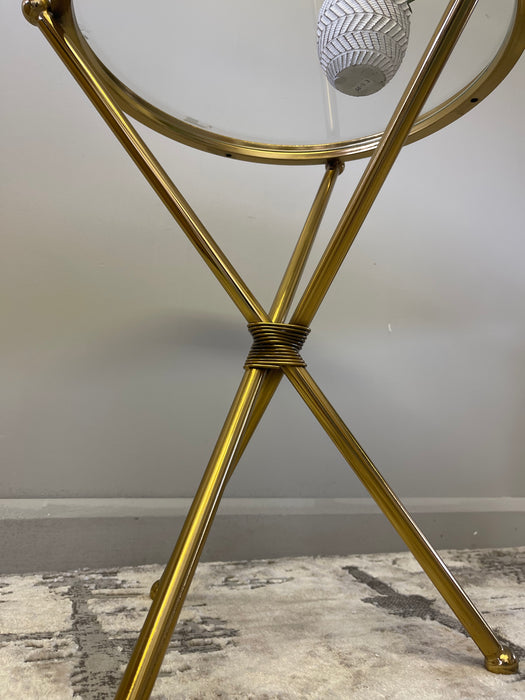Side Table, Gold Round Tripod, Metal Frame, Glass Top, 55 x 43 cm